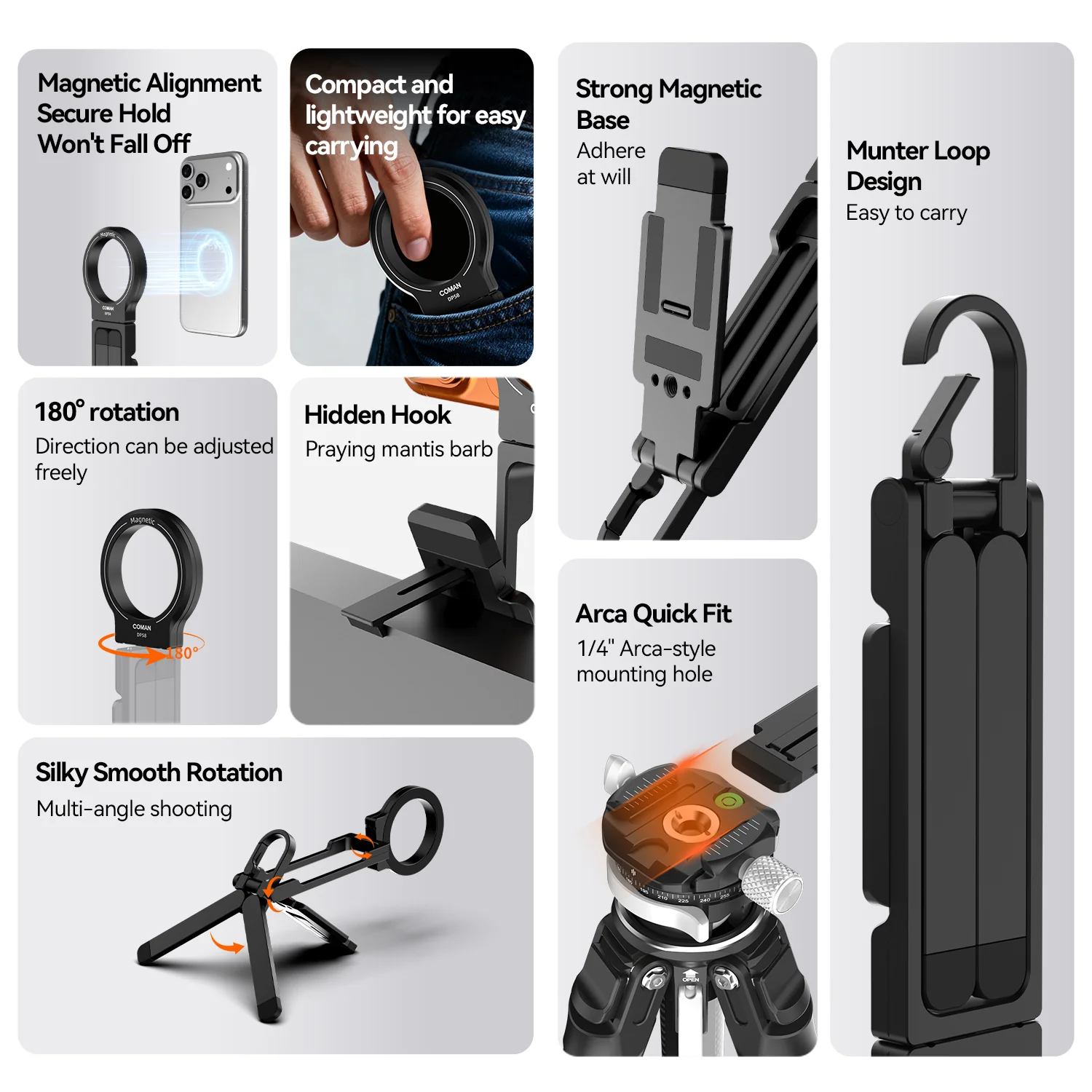 COMAN DP58 Magnetic Phone Tripod Multi Angle Arca Swiss Quick Install - Image 17