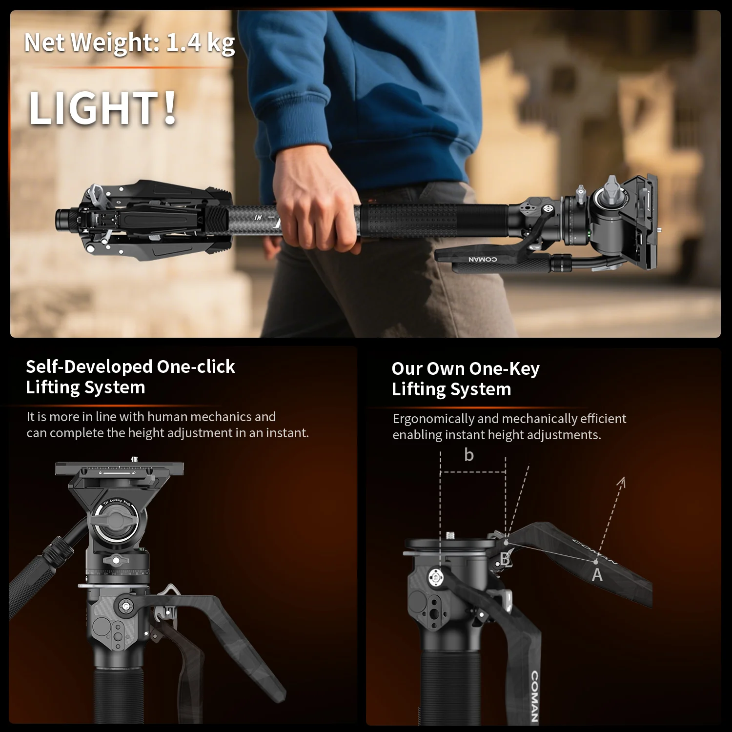 COMAN M1 & M1V5 Portable Lightweight Carbon Fiber Monopod Stable Support 44.1 lbs - Image 24