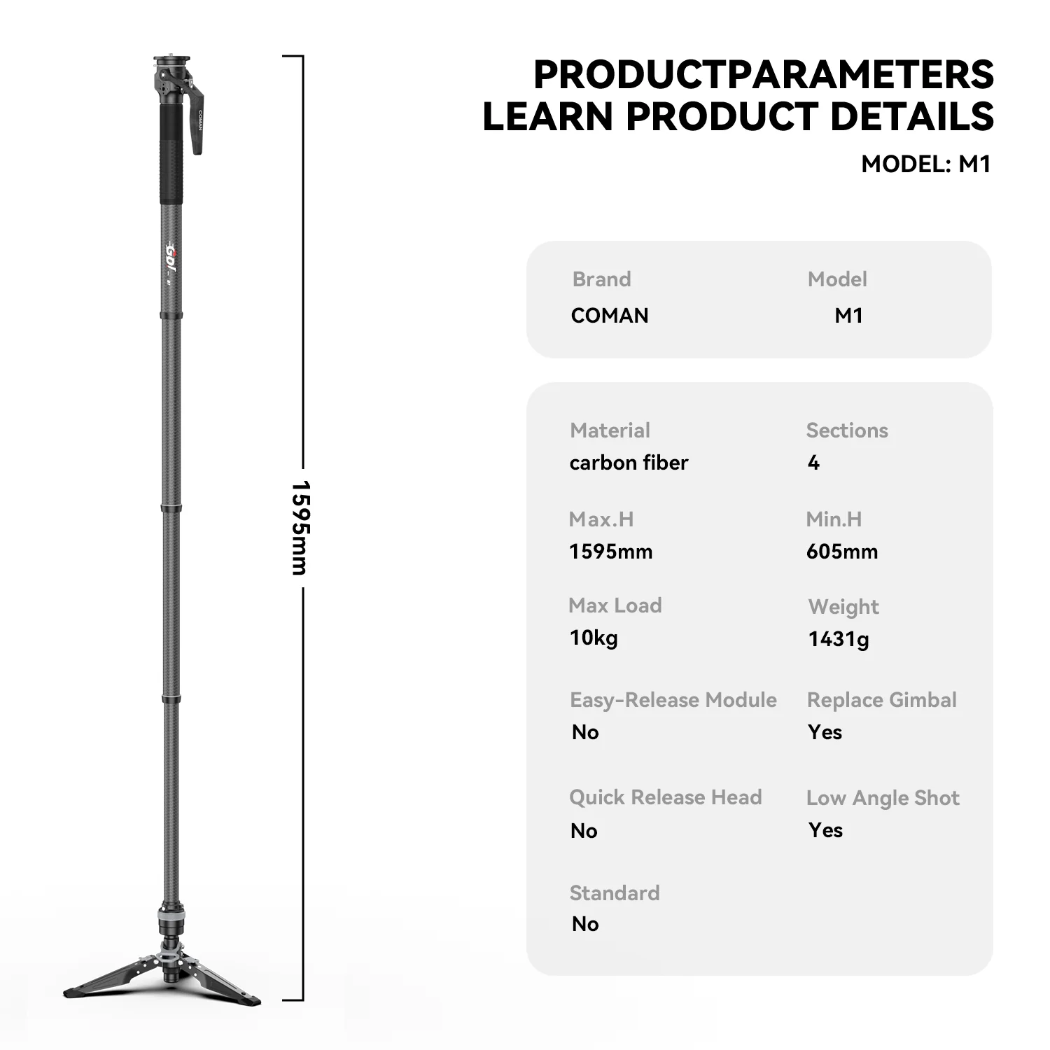 COMAN M1 & M1V5 Portable Lightweight Carbon Fiber Monopod Stable Support 44.1 lbs - Image 6