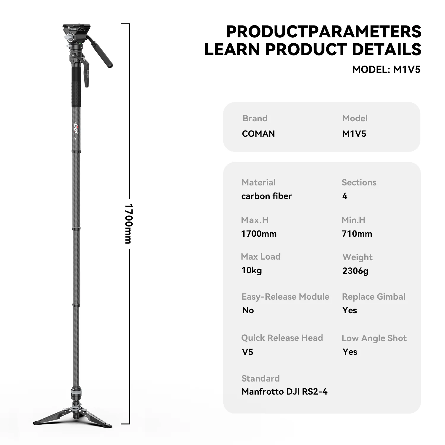 COMAN M1 & M1V5 Portable Lightweight Carbon Fiber Monopod Stable Support 44.1 lbs - Image 7