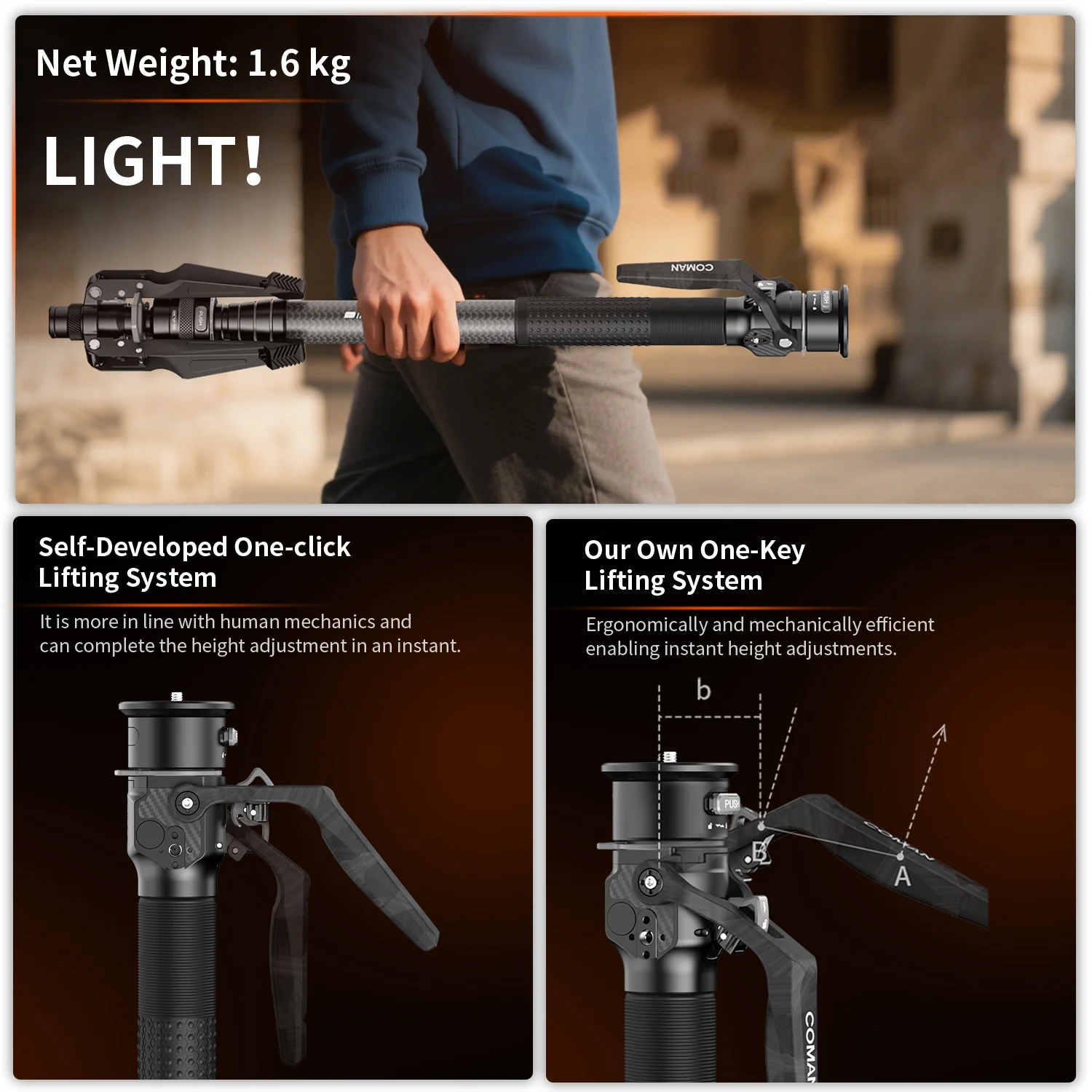 COMAN M1 Pro Monopod Quick Release Lightweight Carbon Fiber Monopod 44.1 lbs Load - Image 13