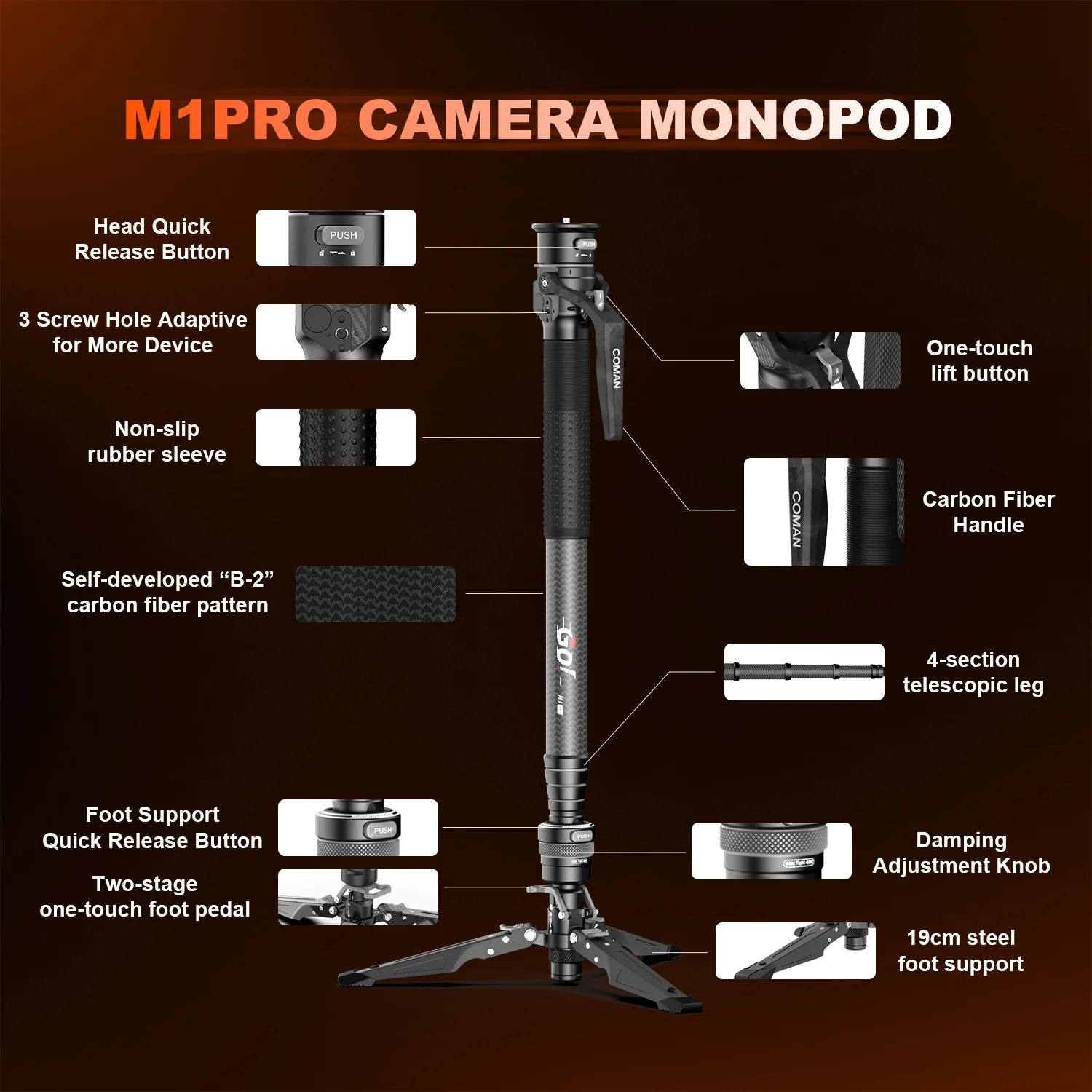 COMAN M1 Pro Monopod Quick Release Lightweight Carbon Fiber Monopod 44.1 lbs Load - Image 21