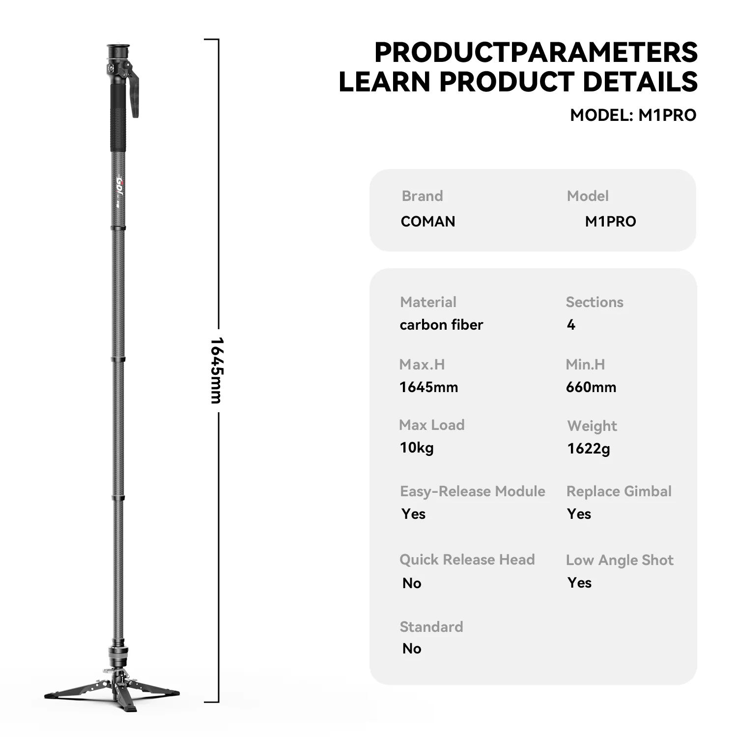 COMAN M1 Pro Monopod Quick Release Lightweight Carbon Fiber Monopod 44.1 lbs Load - Image 5