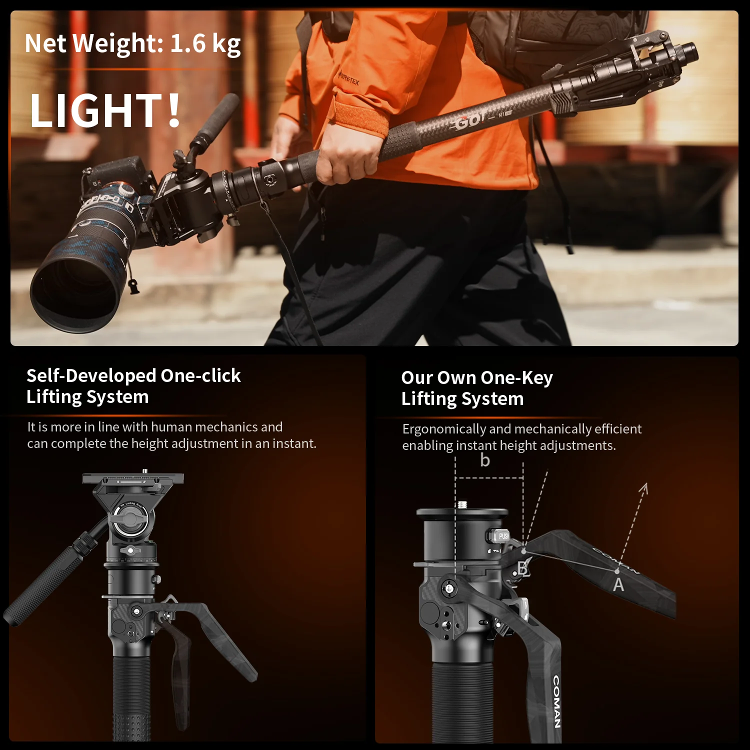 COMAN M1 Pro V5 Carbon Fiber Monopod One Click Quick Release 69in for Photo Video - Image 13