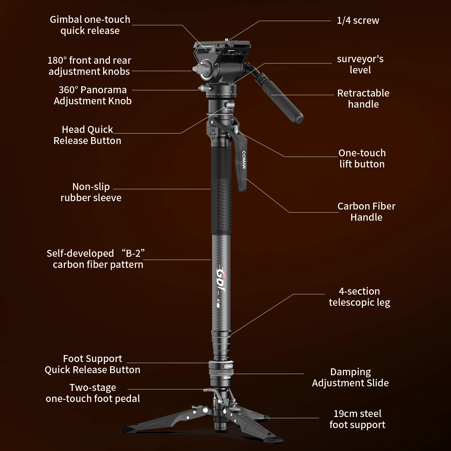 COMAN M1 Pro V5 Carbon Fiber Monopod One Click Quick Release 69in for Photo Video - Image 29