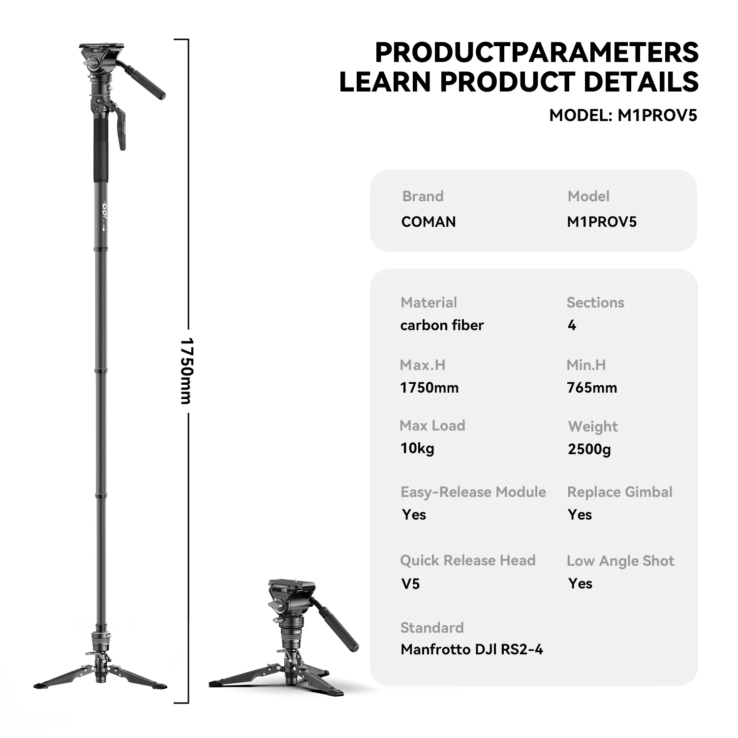 COMAN M1 Pro V5 Carbon Fiber Monopod One Click Quick Release 69in for Photo Video - Image 4