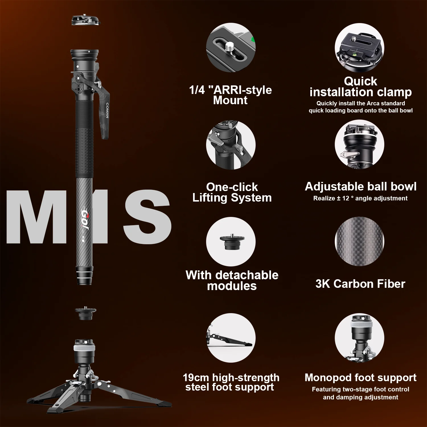 COMAN M1S Upgraded Lightweight Carbon Fiber Camera Monopod with Arca Quick Release System - Image 20