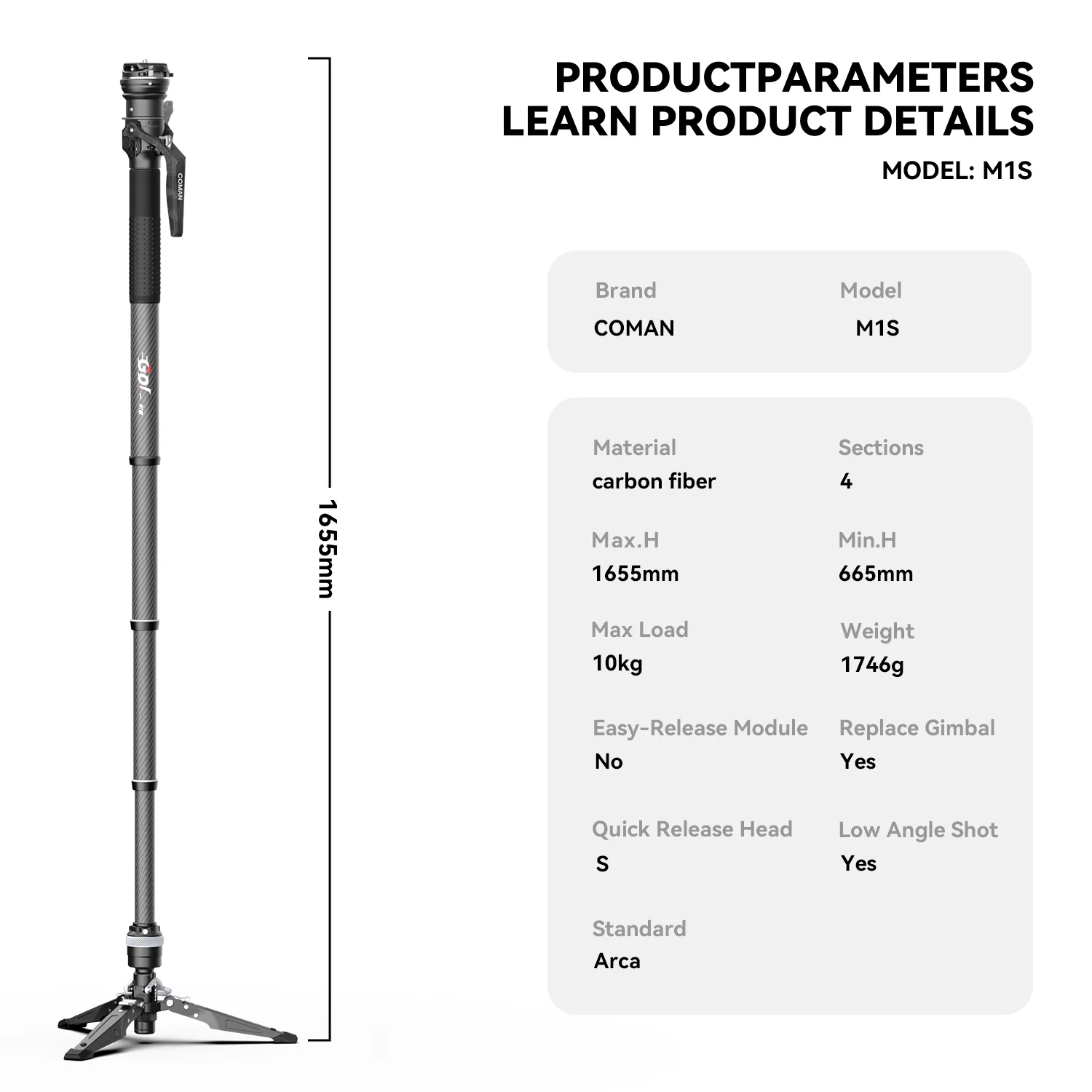 COMAN M1S Upgraded Lightweight Carbon Fiber Camera Monopod with Arca Quick Release System - Image 4