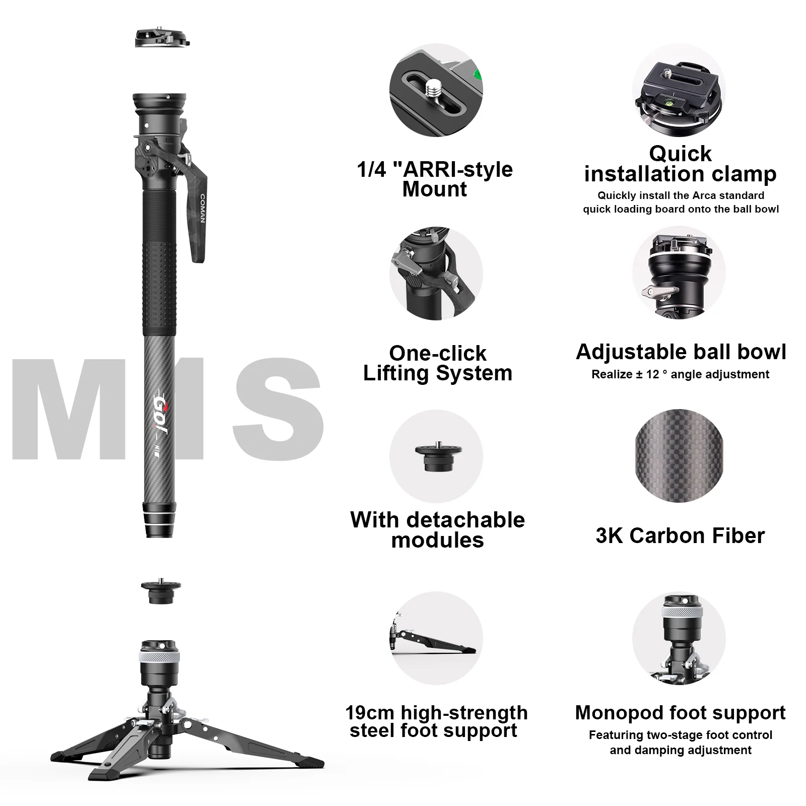 COMAN M1S Upgraded Lightweight Carbon Fiber Camera Monopod with Arca Quick Release System - Image 5