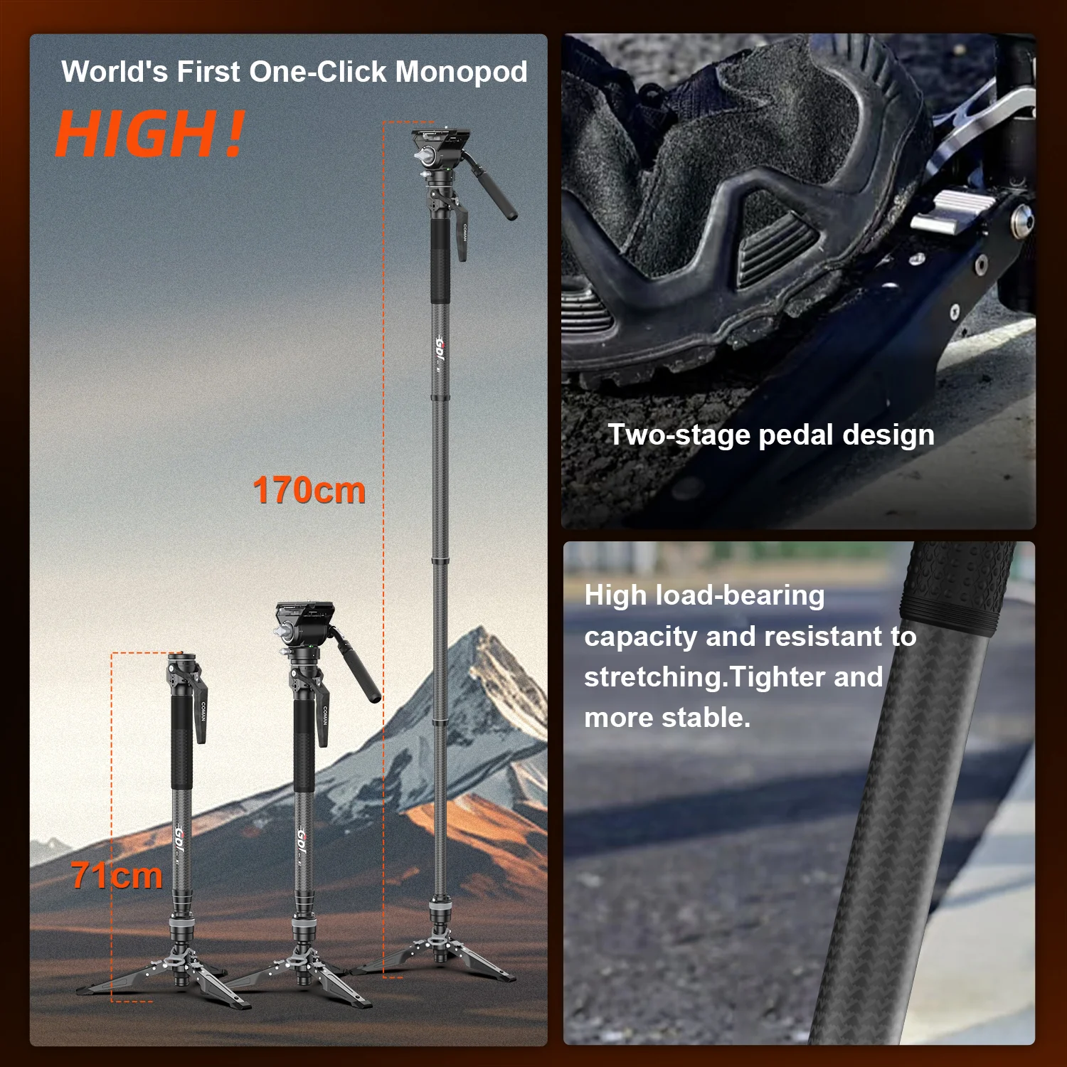 COMAN M1V5 Carbon Fiber Monopod with V5 Head, 67" Height, 22 lbs Load - Image 3