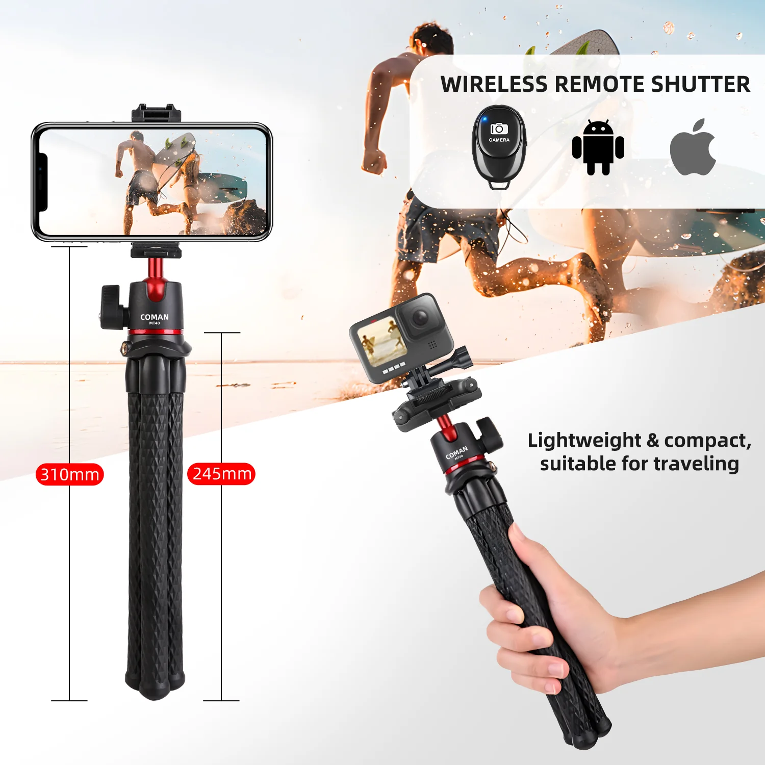 Coman MT40 Flexible Tripod for Phones & DSLR Cameras with Romote - Image 5