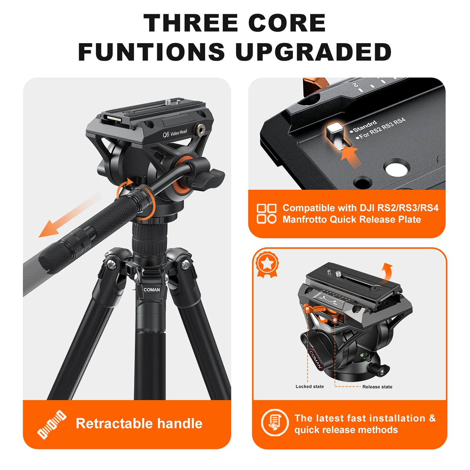 COMAN Q6 Fluid Video Head With Telescopic handle, Manfrotto & DJI RS Compatible - Image 11