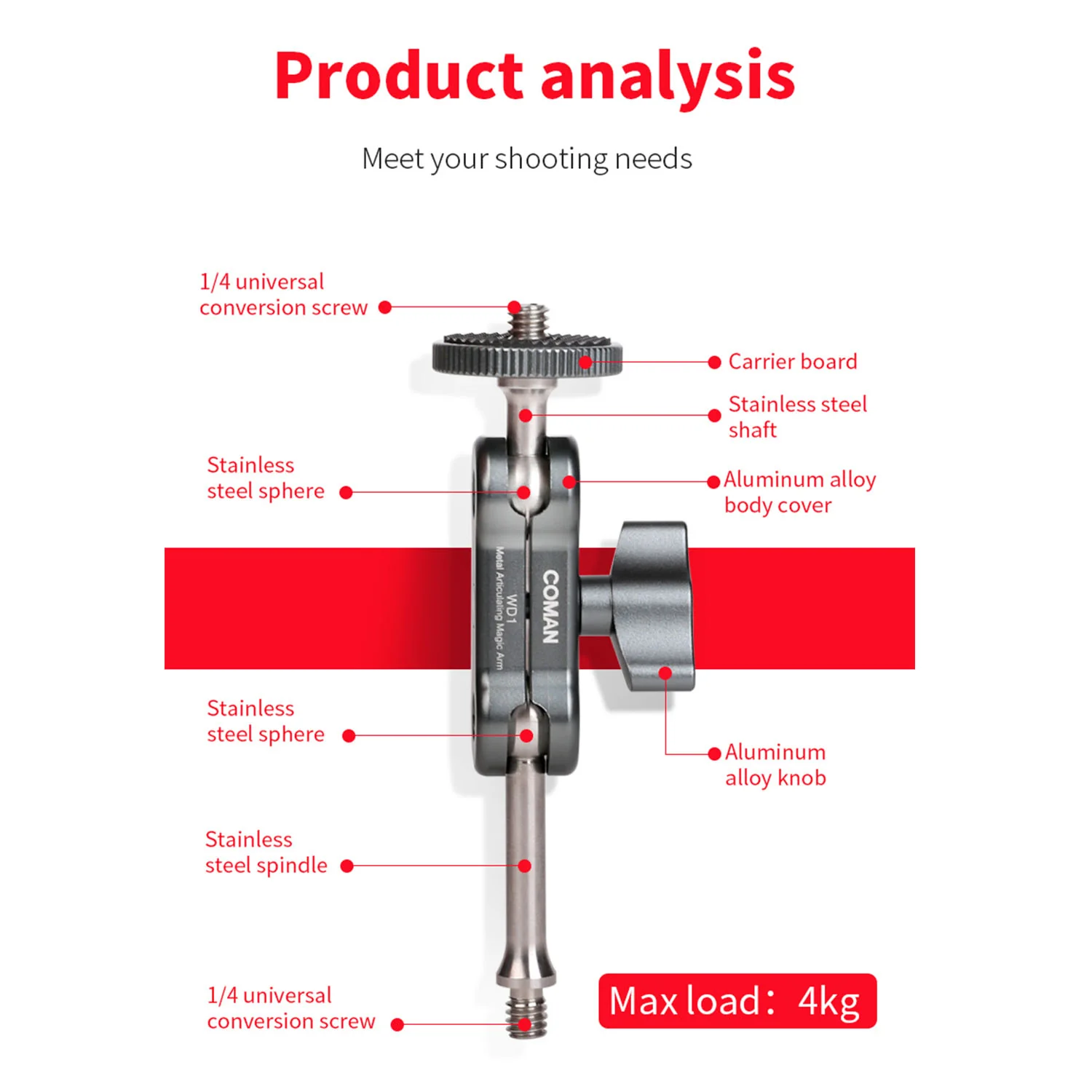 Coman WD1 Universal Magic Arm 1/4" Mount for Camera Tripod 110mm - Image 6