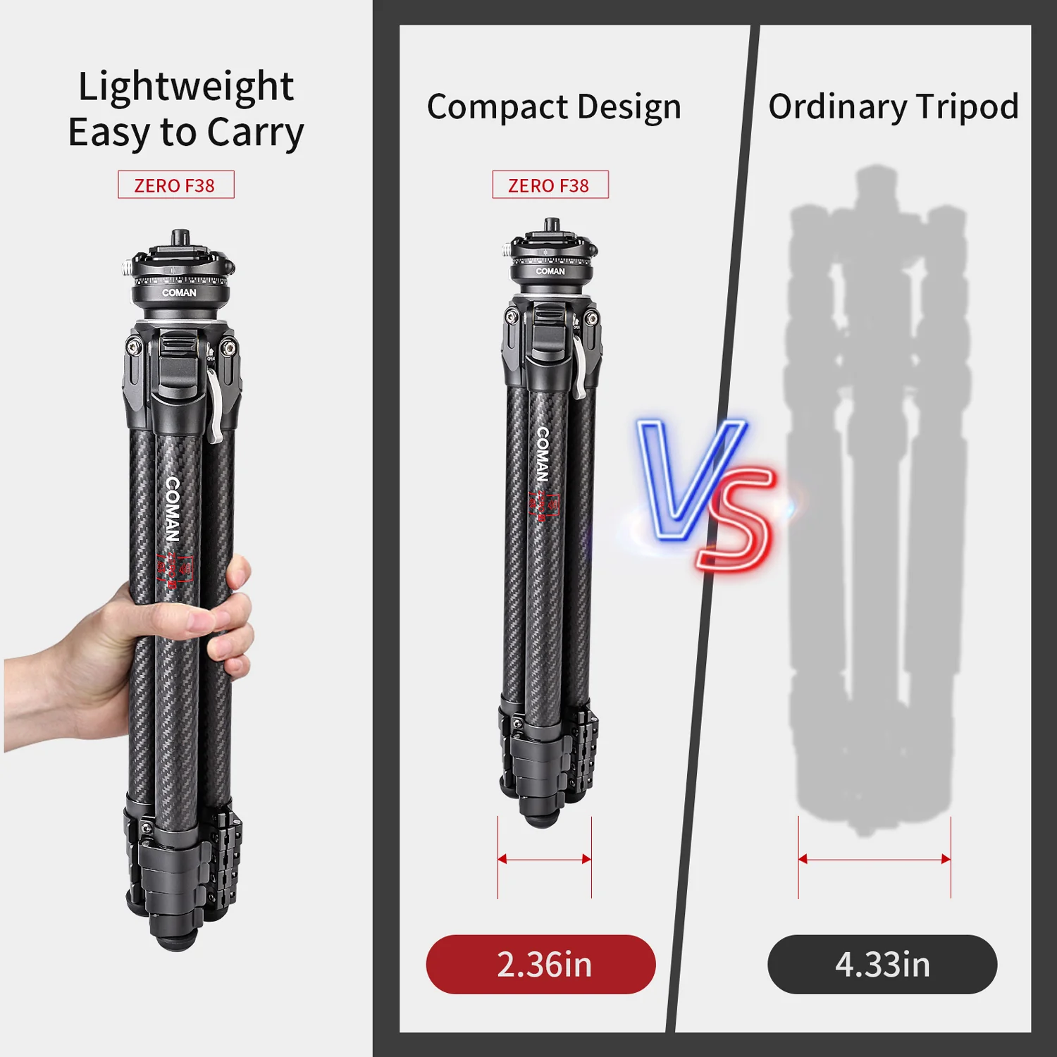 COMAN Zero F38 Carbon Fiber Quick Release Travel Tripod with Ball Head - Image 18