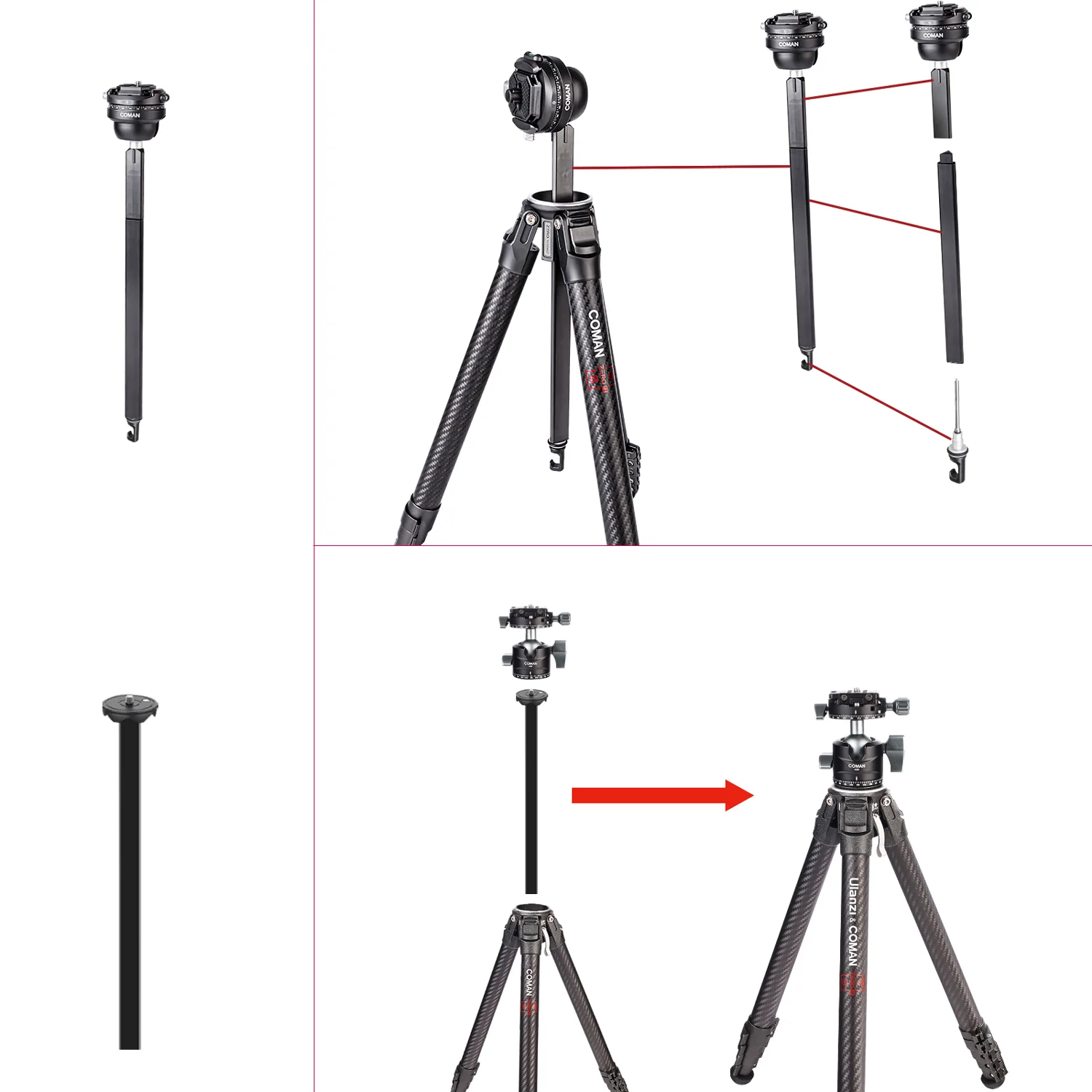 COMAN Zero F38 Carbon Fiber Quick Release Travel Tripod with Ball Head - Image 19