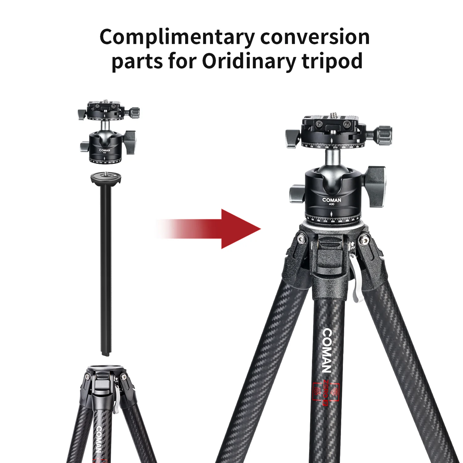 COMAN Zero F38 Carbon Fiber Quick Release Travel Tripod with Ball Head - Image 3