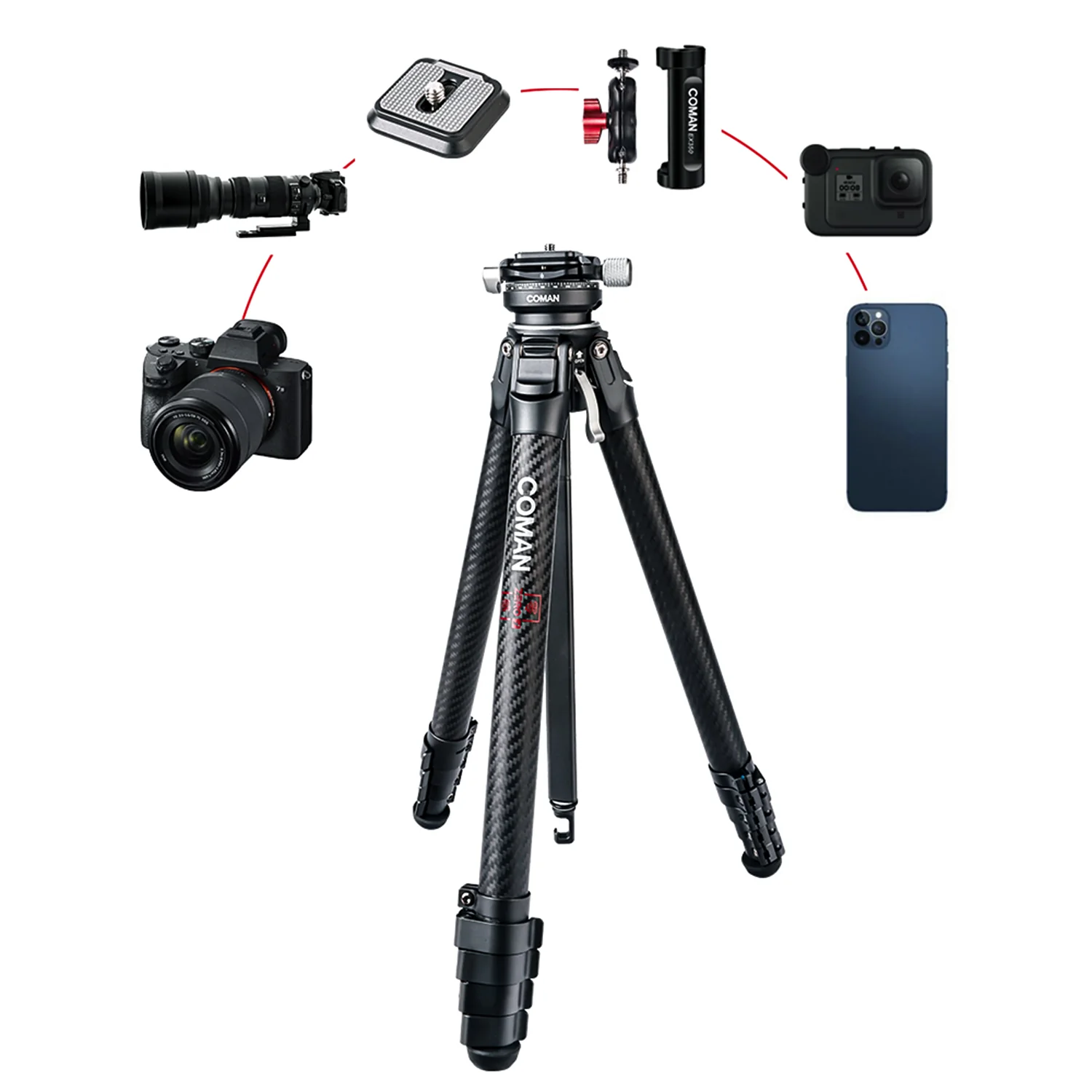Coman Zero Y Professional Carbon Fiber Travel Tripod, 360° Ball Head, Arca Swiss for DSLR - Image 10