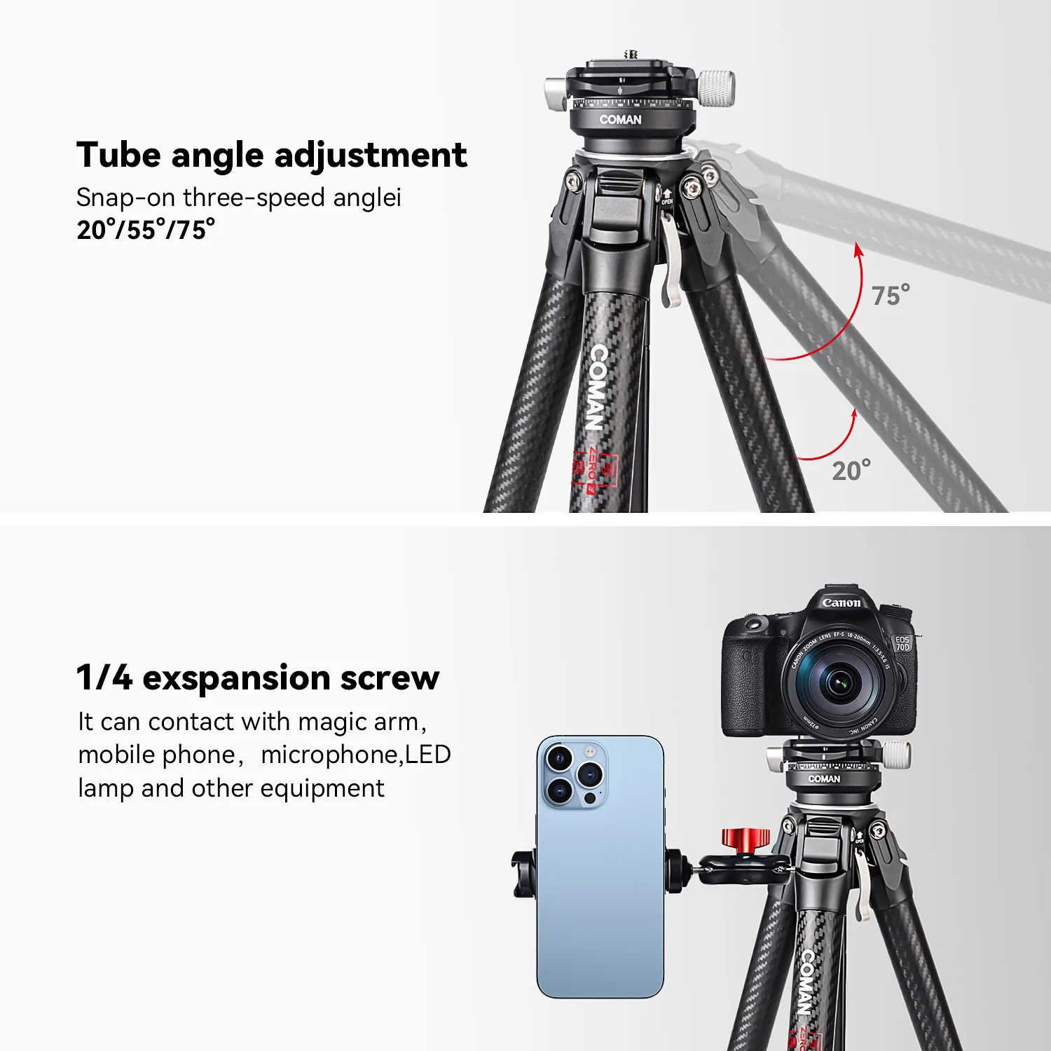Coman Zero Y Professional Carbon Fiber Travel Tripod, 360° Ball Head, Arca Swiss for DSLR - Image 13