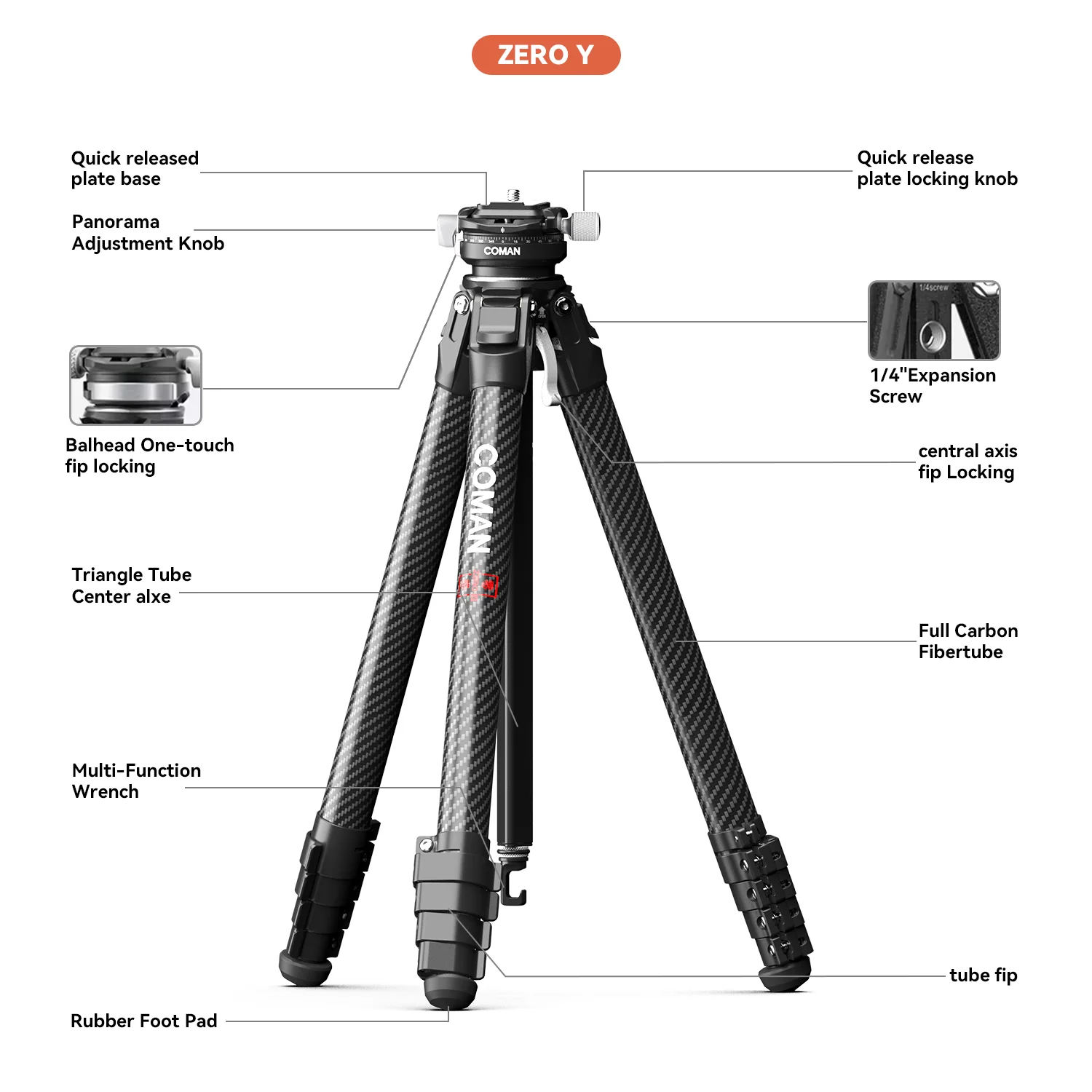 Coman Zero Y Professional Carbon Fiber Travel Tripod, 360° Ball Head, Arca Swiss for DSLR - Image 14