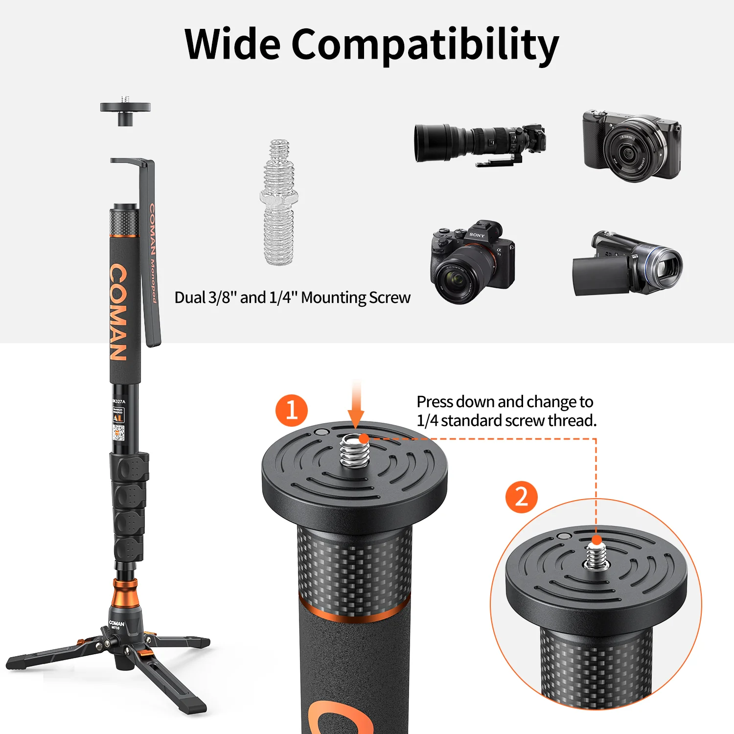 Coman DK327AQ6 Aluminum Camera Video Monopod with Fluid Head & Feet - Image 8