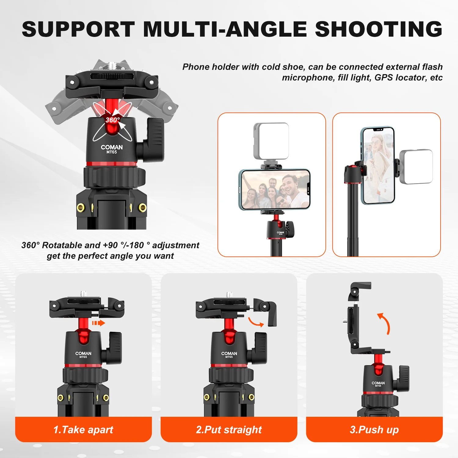 Coman MT65 74.8inch Aluminum Alloy Retractable Phone Tripod 360° Ball Head - Image 4