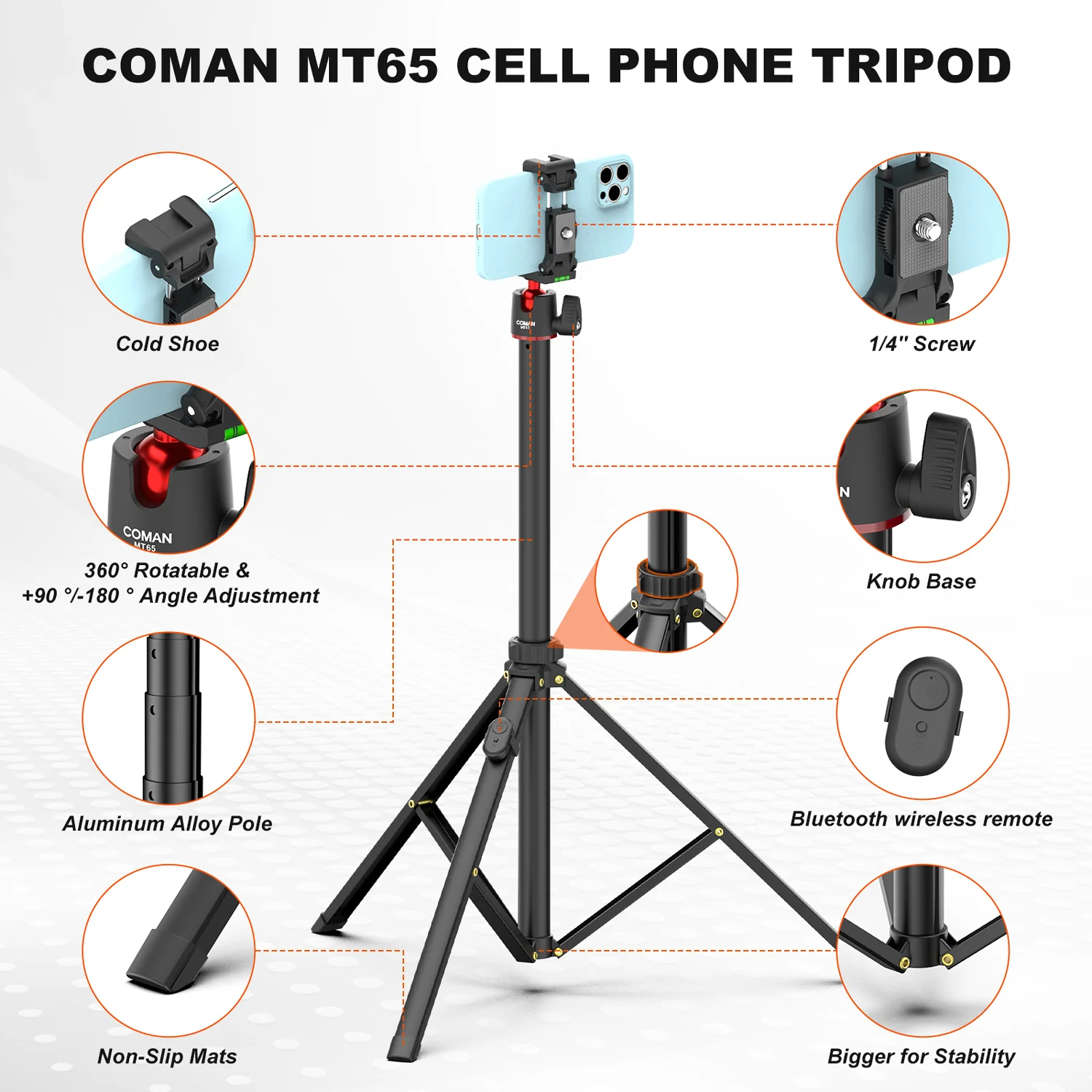 Coman MT65 74.8inch Aluminum Alloy Retractable Phone Tripod 360° Ball Head - Image 5