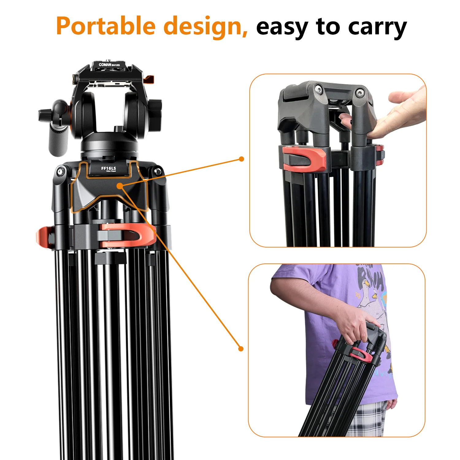 Coman FF16LS Heavy Duty Video Tripod with Fluid Head, Aluminium 73" - Image 11