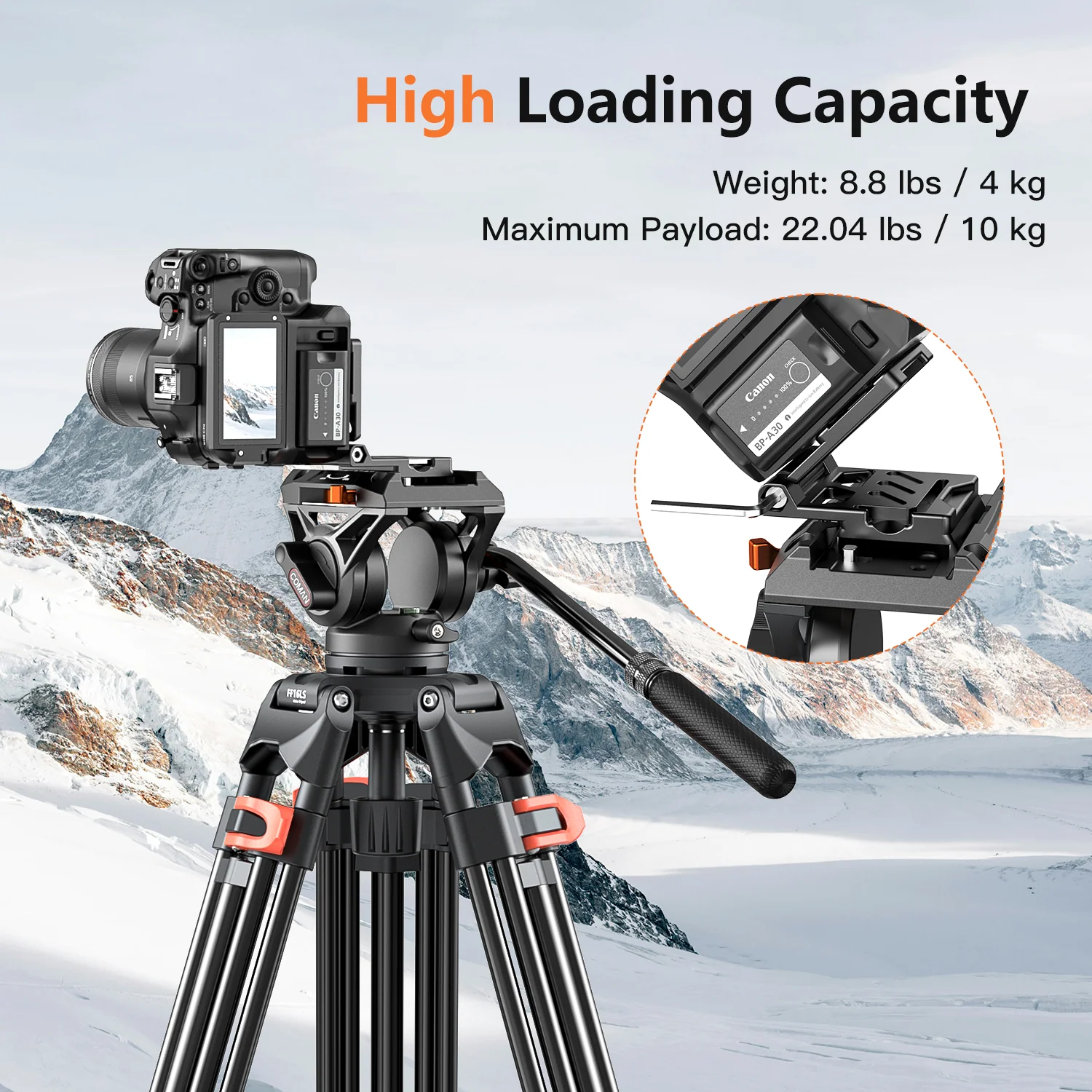 Coman FF16LS Heavy Duty Video Tripod with Fluid Head, Aluminium 73" - Image 4