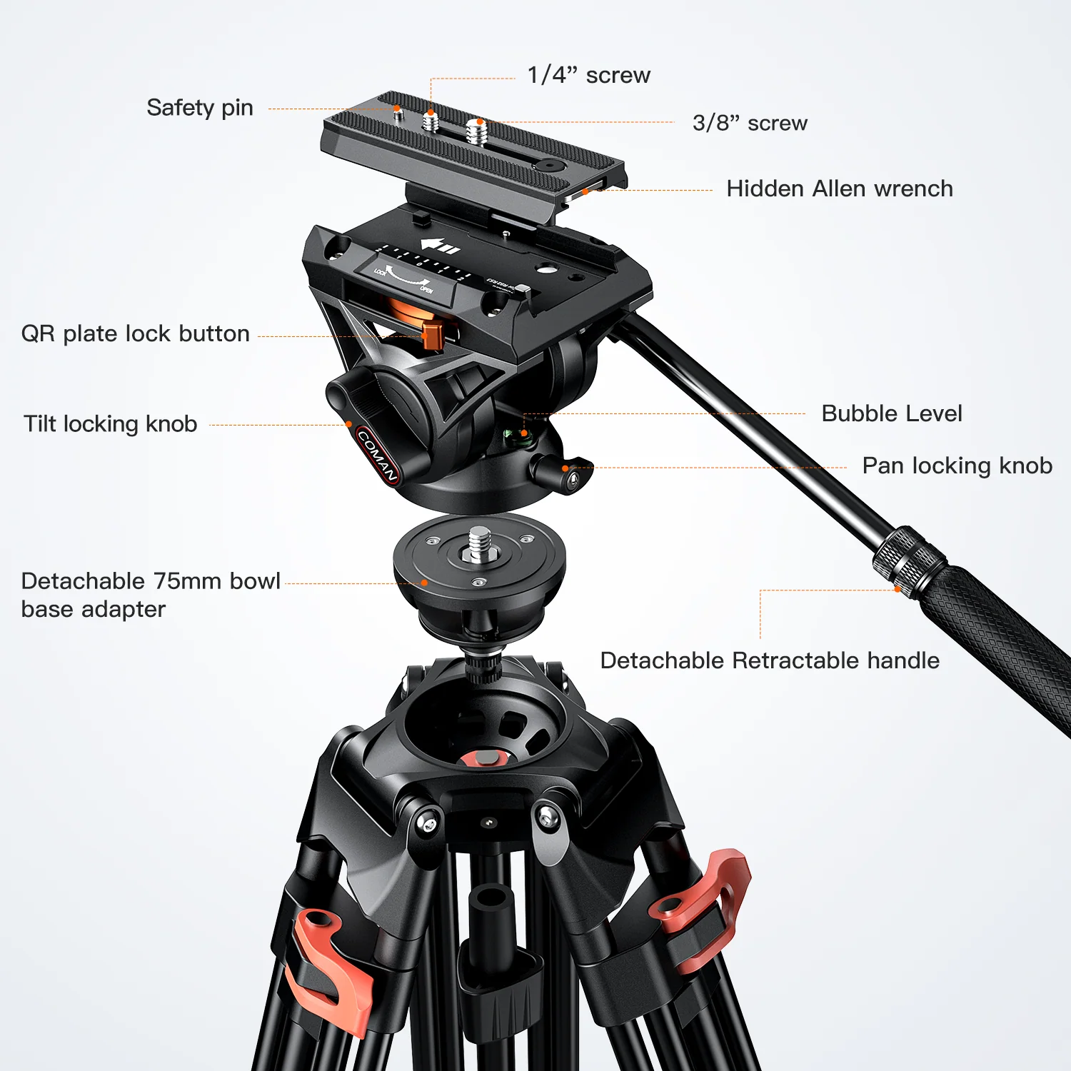 Coman FF16LS Heavy Duty Video Tripod with Fluid Head, Aluminium 73" - Image 9