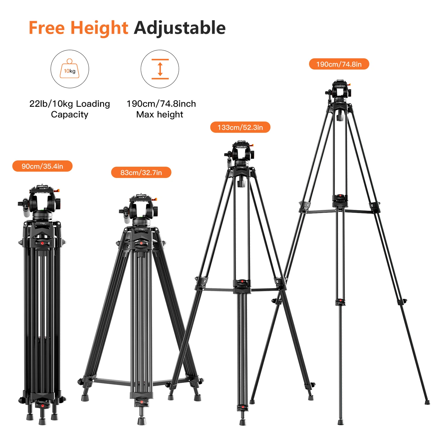 Coman FT16LS 74" Heavy Duty Professional Tripod with Fluid Video Head - Image 11