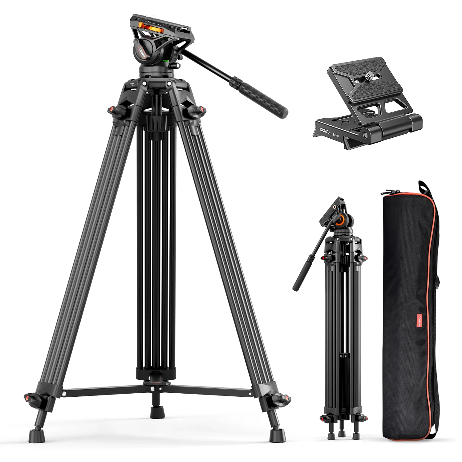 Coman FT16LS 74" Heavy Duty Professional Tripod with Fluid Video Head - Image 4
