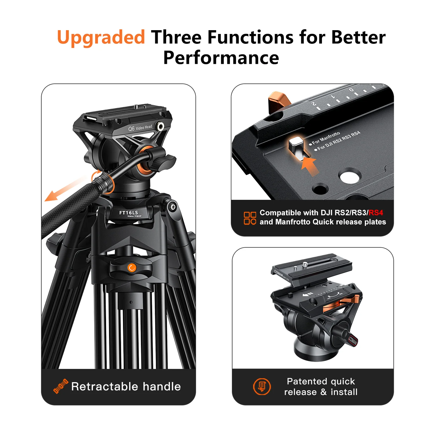 Coman FT16LS 74" Heavy Duty Professional Tripod with Fluid Video Head - Image 6