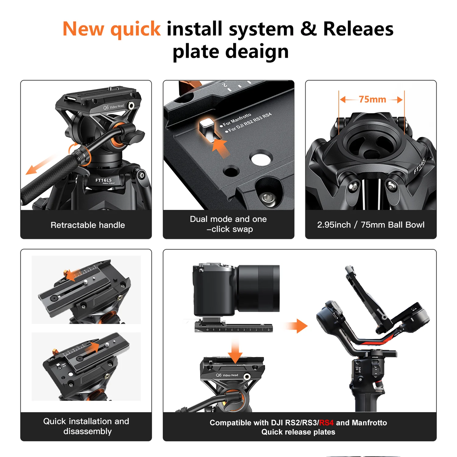 Coman FT16LS 74" Heavy Duty Professional Tripod with Fluid Video Head - Image 7