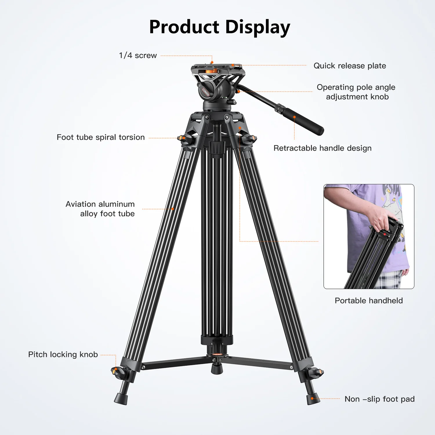 Coman FT16LS 74" Heavy Duty Professional Tripod with Fluid Video Head - Image 8