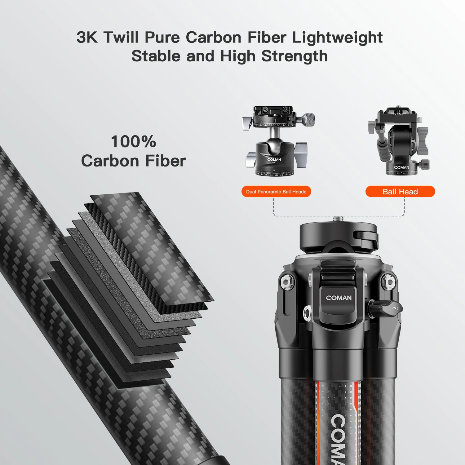 Coman Light H Pro Carbon Fiber Tripod with 1-Second Lock/Unlock & Detachable Monopod - Image 14