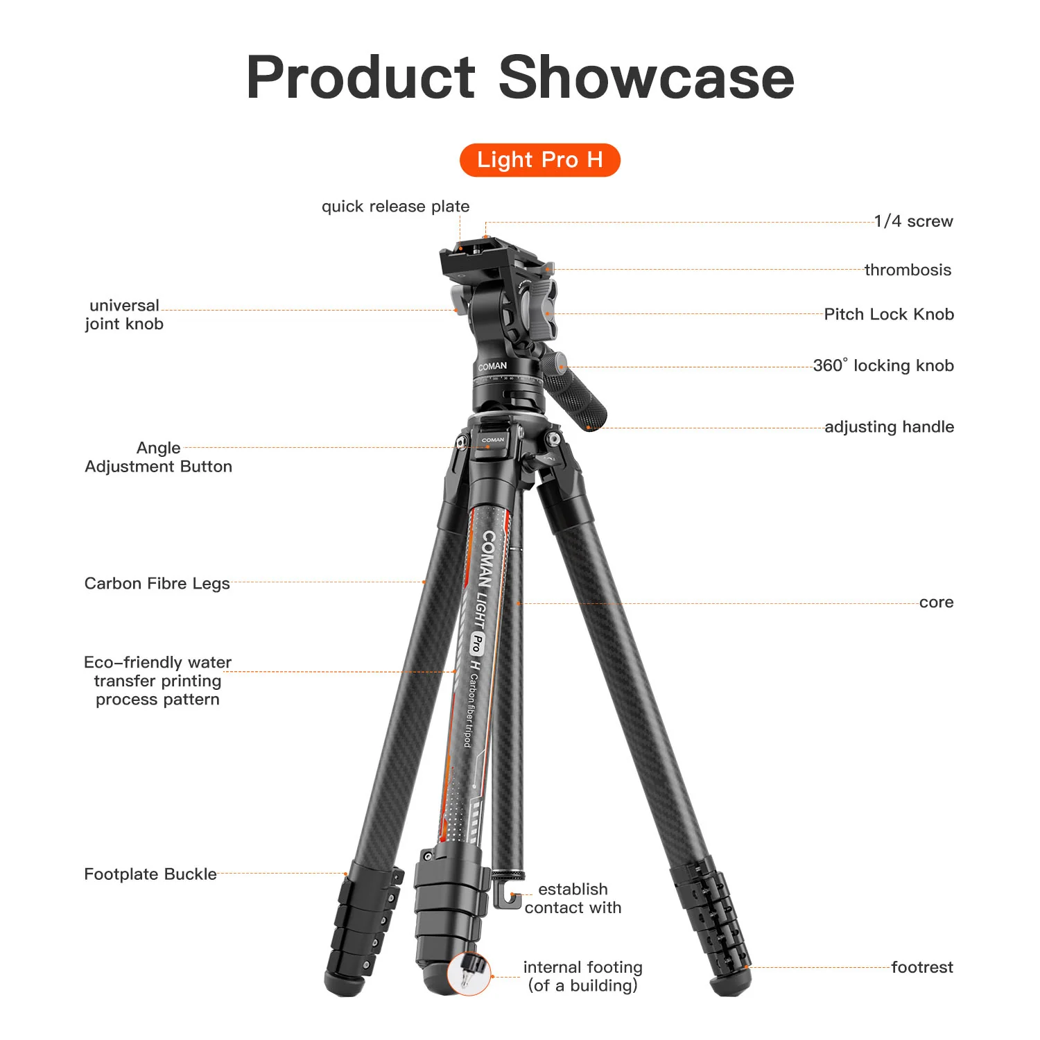 Coman Light H Pro Carbon Fiber Tripod with 1-Second Lock/Unlock & Detachable Monopod - Image 16