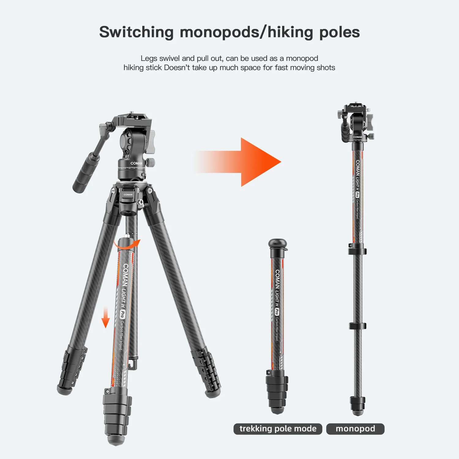 Coman Light H Pro Carbon Fiber Tripod with 1-Second Lock/Unlock & Detachable Monopod - Image 17