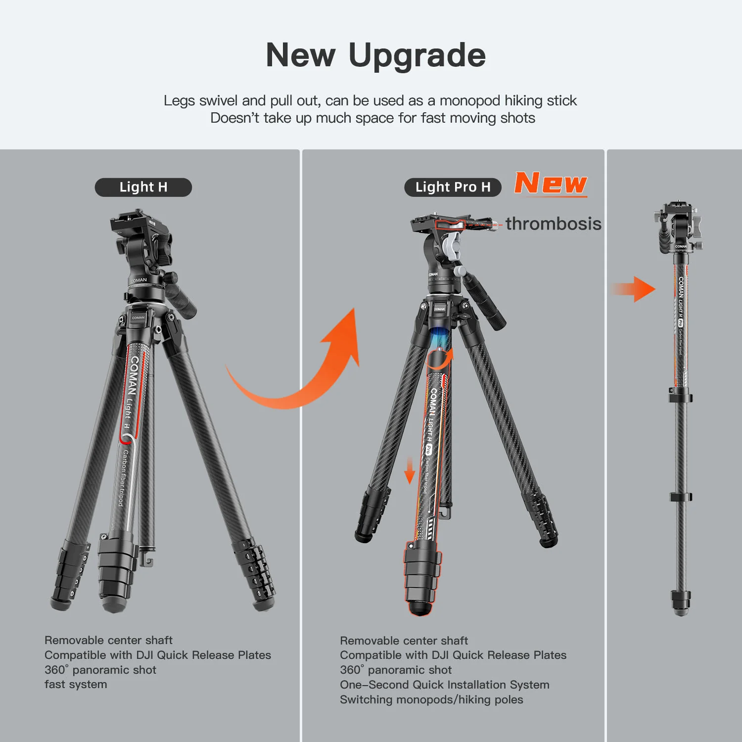 Coman Light H Pro Carbon Fiber Tripod with 1-Second Lock/Unlock & Detachable Monopod - Image 19