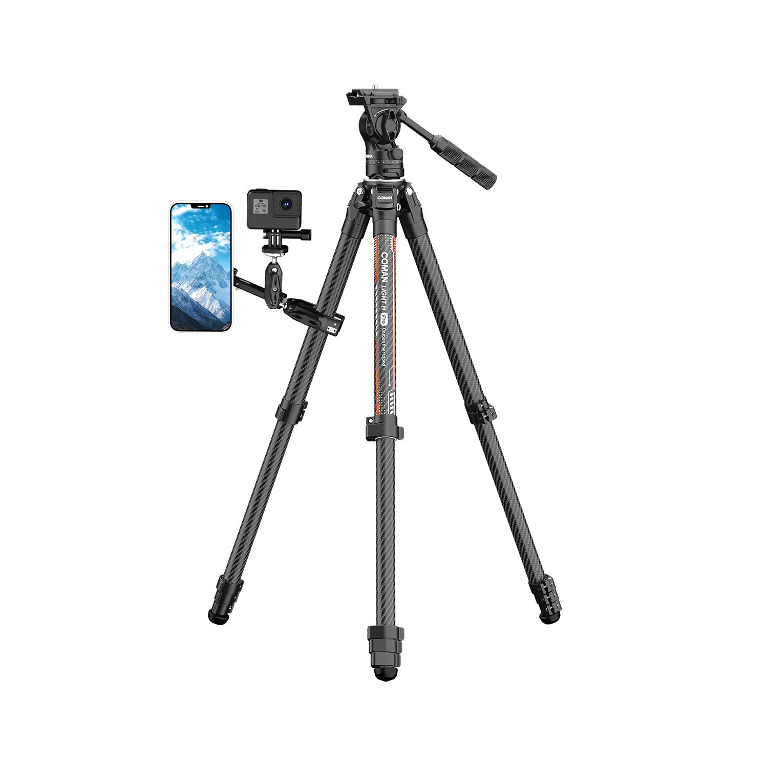 Coman Light H Pro Carbon Fiber Tripod with 1-Second Lock/Unlock & Detachable Monopod - Image 5