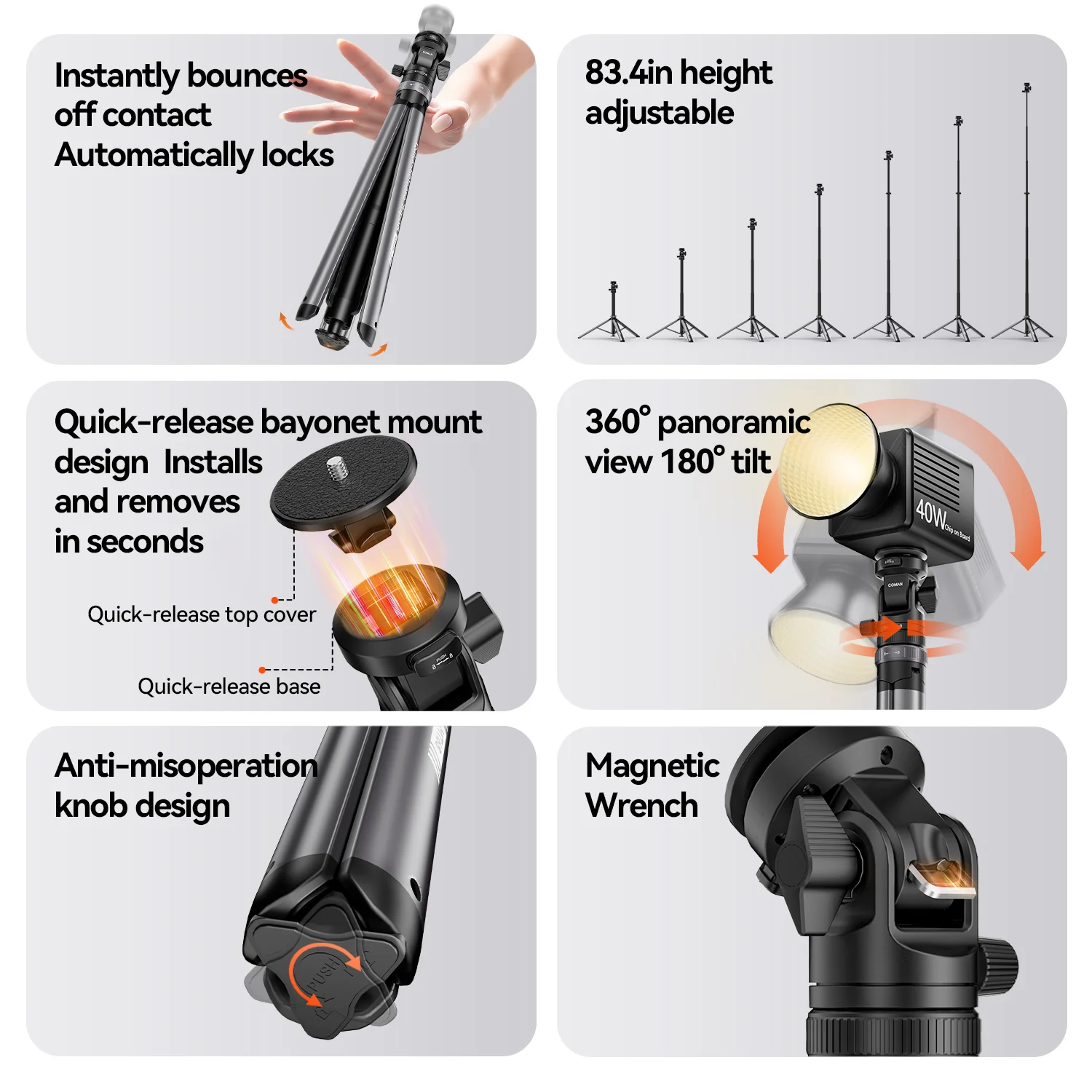 COMAN MT68 One Touch Quick Release Light Stand Tripod 83.4” Adjust 360° Pan - Image 12