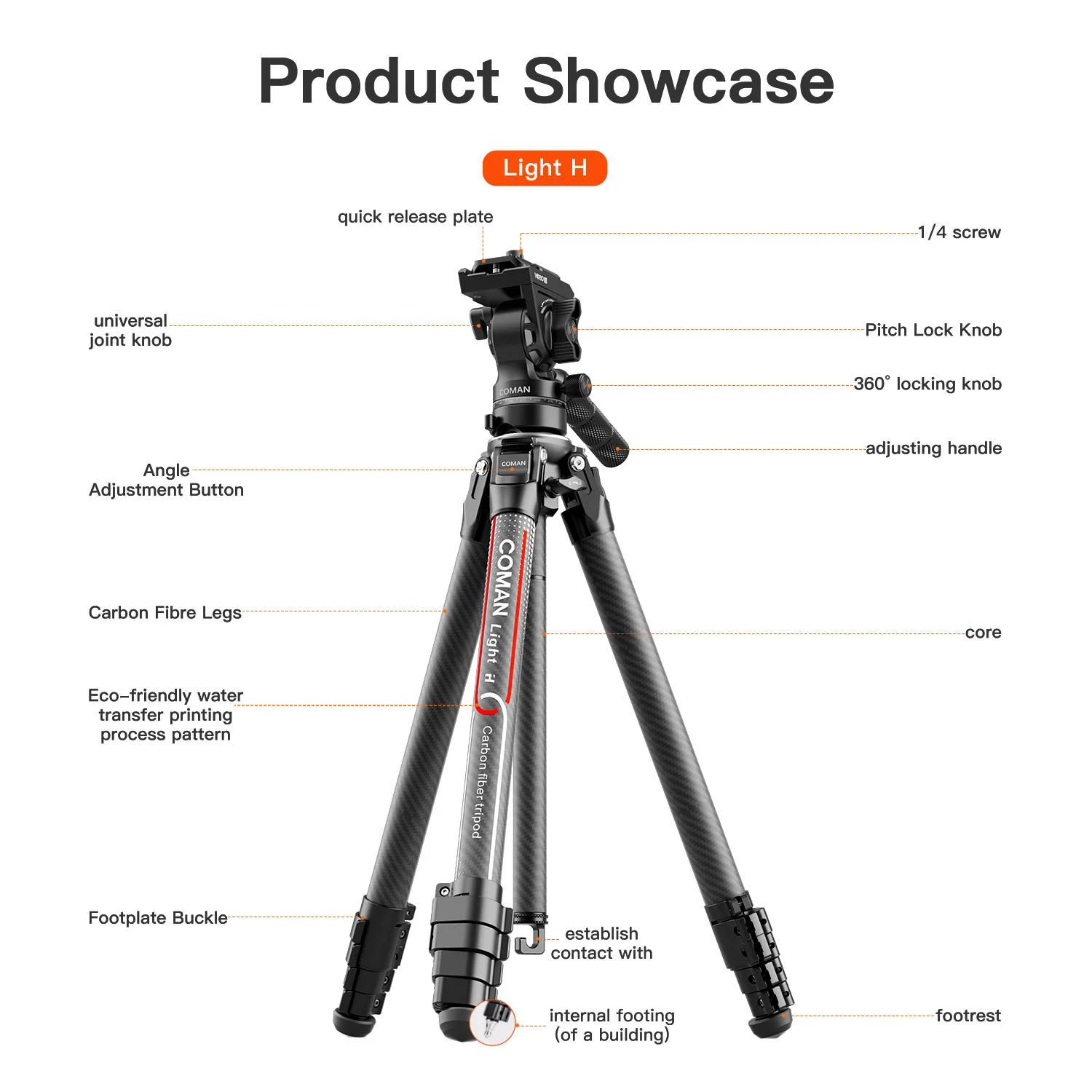 Coman Light H Portable Carbon Fiber Travel Tripod with Mini Fluid Head - Image 3