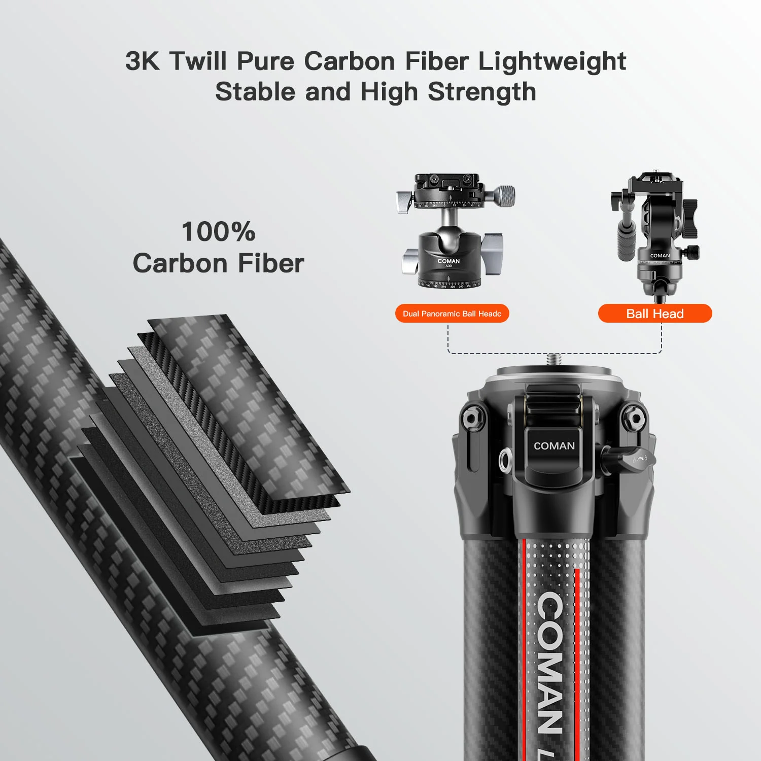 Coman Light H Portable Carbon Fiber Travel Tripod with Mini Fluid Head - Image 9