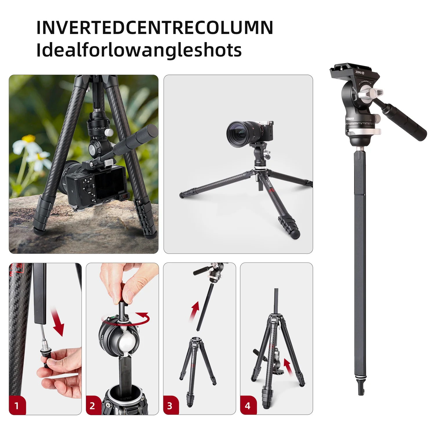 COMAN Zero V Carbon Fiber Travel Tripod for DSLR Cameras - Image 11